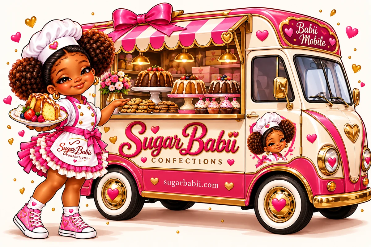 The Sugar Babii Babii Mobile, a pink and cream dessert truck full of Bundt cakes, with the Sugar Babii chef girl serving a slice of pound cake