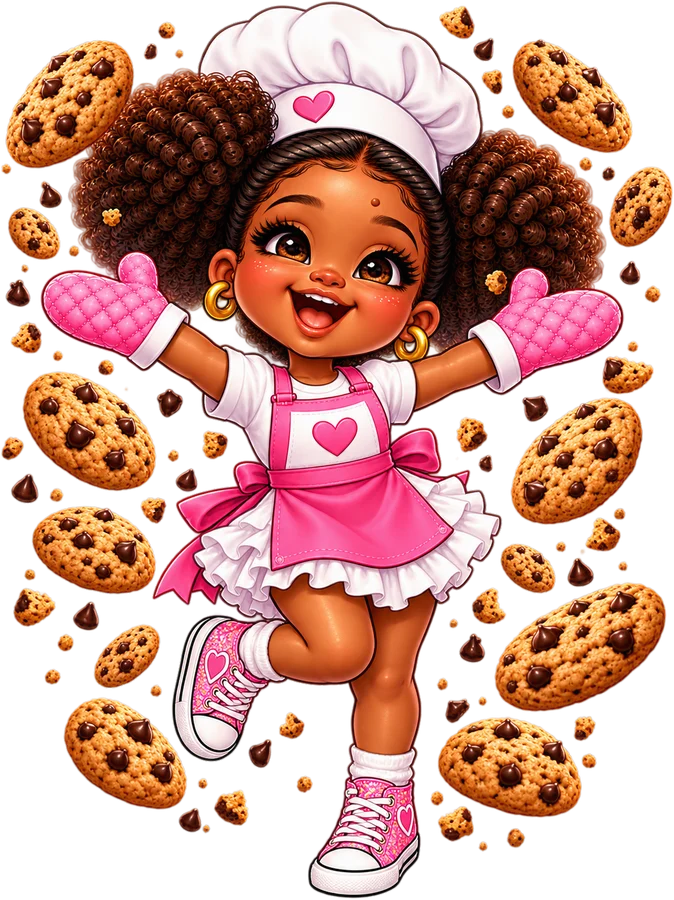 Illustrated Sugar Babii chef girl in a pink apron and oven mitts, cheering as chocolate chip cookies fly around her