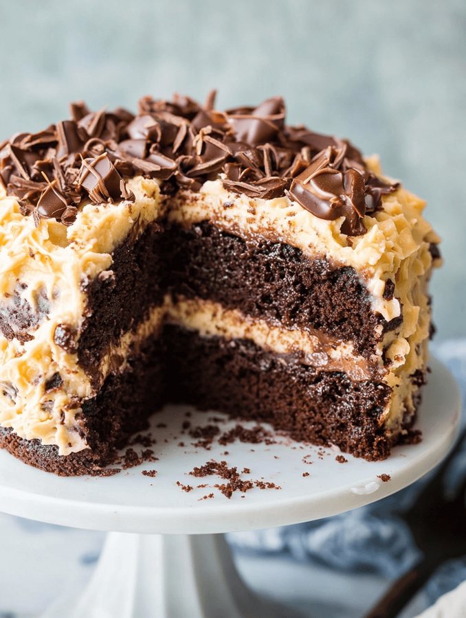 Dare's GC Escape chocolate layer cake with coconut-pecan caramel, cut open
