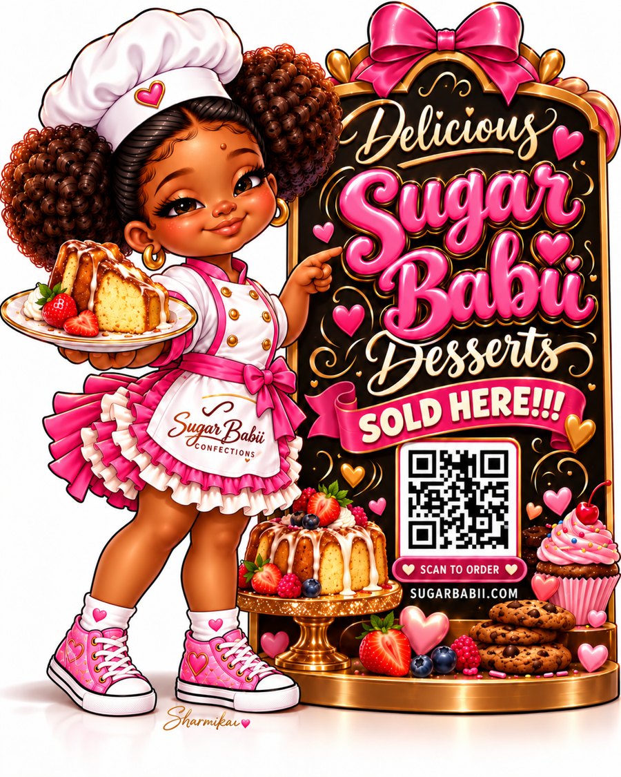 Sugar Babii Desserts Sold Here sign with a scan-to-order QR code